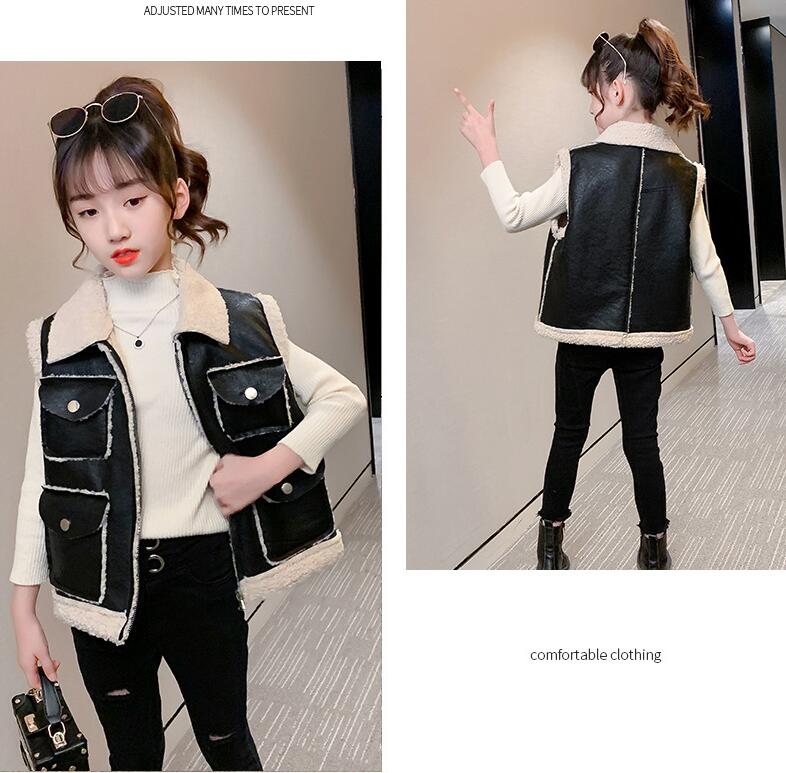 Girls Vest Autumn Winter Teenage Girls Black Pocket Warm Lining Vestes Children Top&outwear Kids Clothes 6 8 10 12 14Year