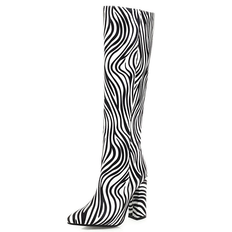 Zèbre rayures bottes femmes carré talons hauts genou bottes simili cuir printemps automne dames chaussures blanc