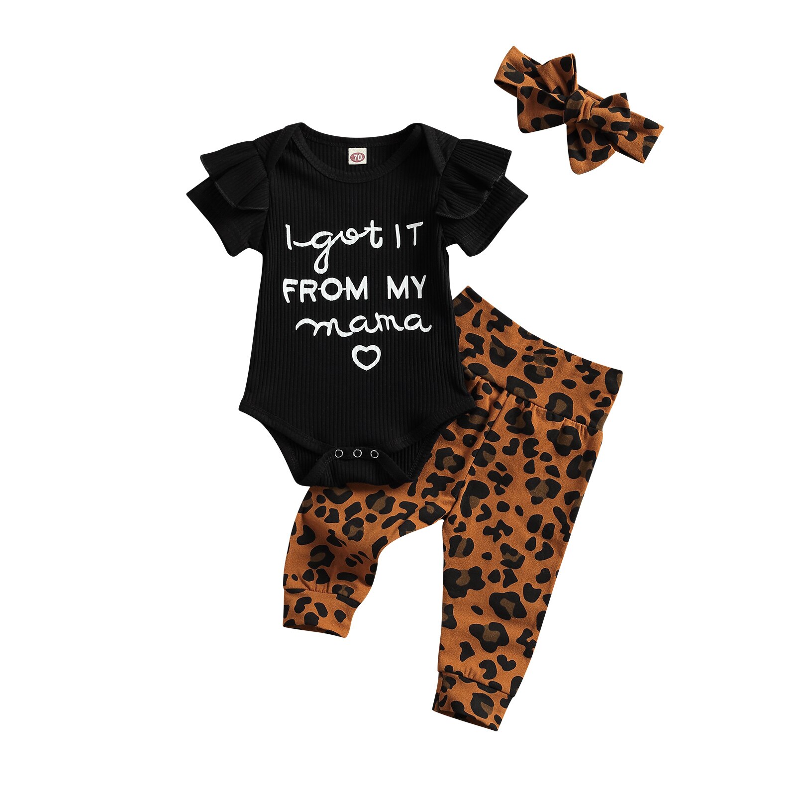 0-18M Kreeg Ik Uit Mijn Mama Baby Baby Meisje Kleding Brief Print Ruches Korte Mouw Romper + Luipaard Print Lange Broek