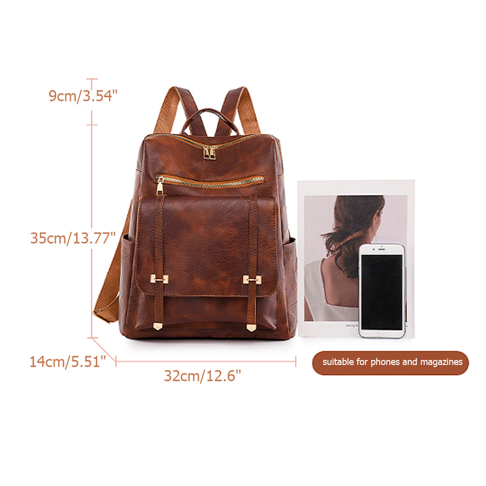 Trendiger Damen-Rucksack, Jahrgang-Pu-Leder, Tagesrucksack, braun, lässige Reisetasche, retro-Studenten-Schultasche, Sack