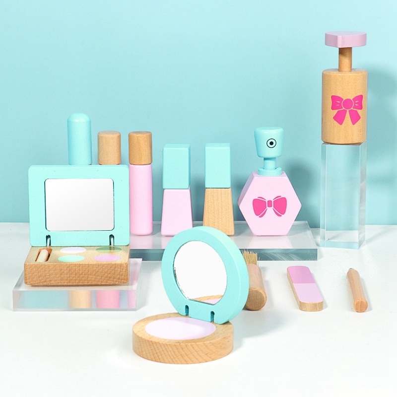 12 pz Legno Giochi Di Imitazione Trucco Giochi per Bambini per Le ragazze Giochi di ruolo Cosmetici Giocattolo di Simulazione Accessori di Bellezza per i bambini