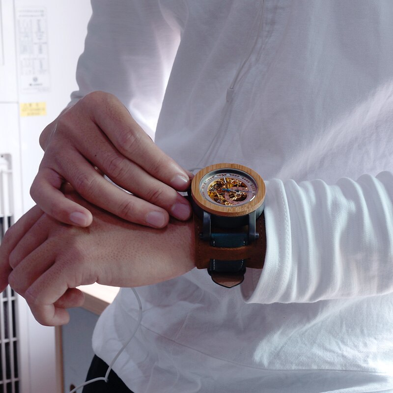 Bobo Vogel Houten Mechanische Horloges Heren Horloges Voor Man Mechanische Horloges Mannelijke Luxe Lederen Band Relogio Masculino
