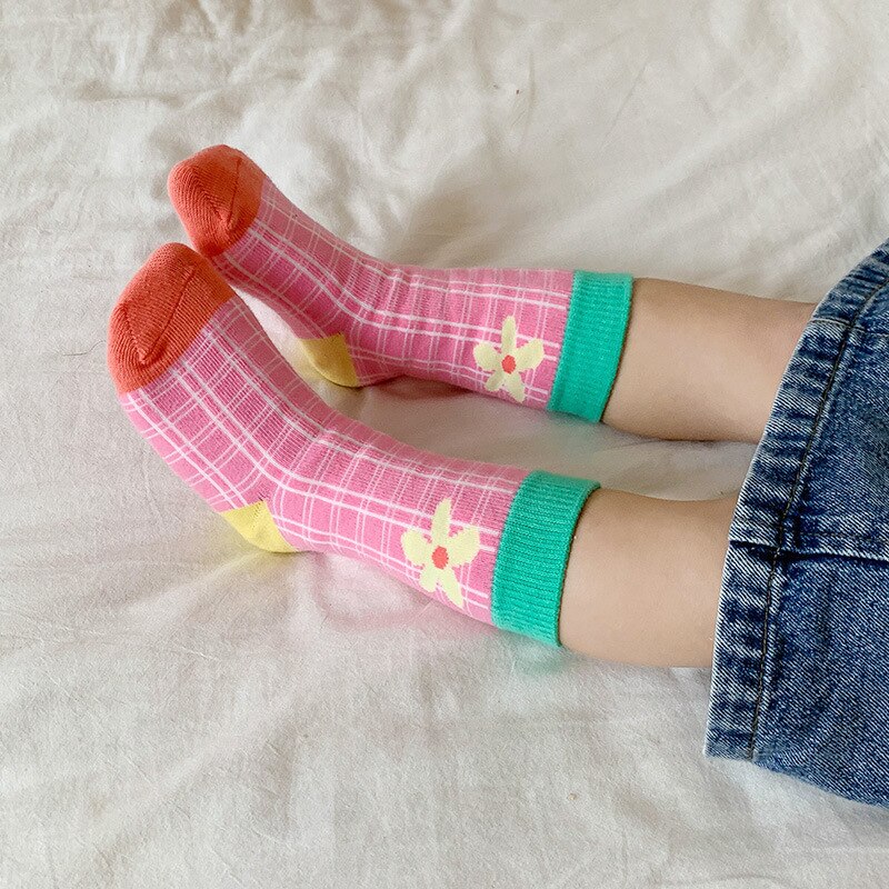 3 paia/lotto Z286 primavera Cototn floreale Plaid coreano ragazze calzini al ginocchio calzini ragazze bambini calzini