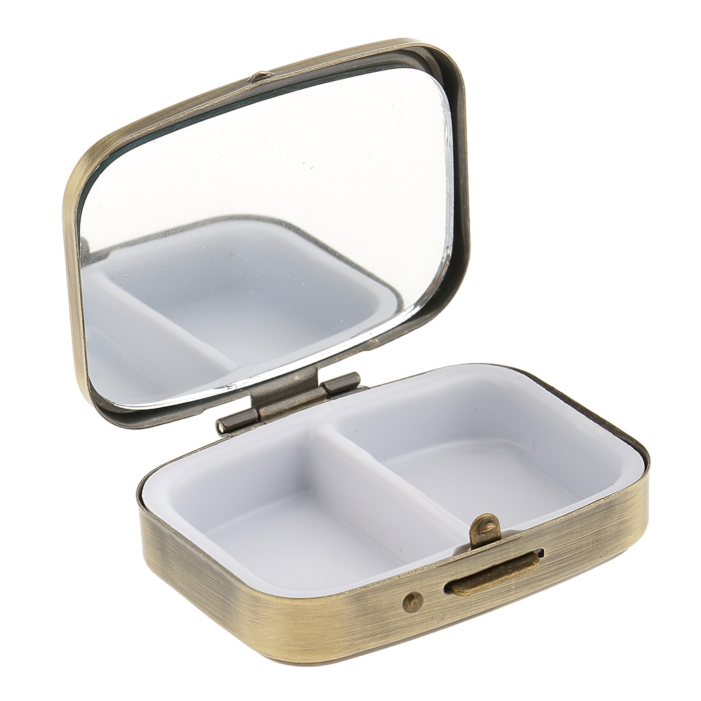Pill Box With Mirror- Compact 2 Compartments Medicine Case Pill Box for Pocket or Purse, Retro Metal