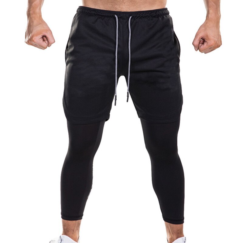 Mannen 2 In 1 Leggings Broek Veiligheid Zakken Leisure Sneldrogende Broek Ingebouwde Zakken Heupen Hiden Rits Fitness broek: XXL / Black