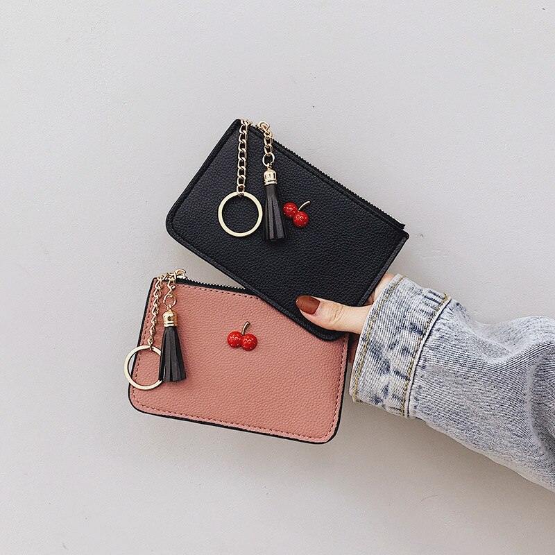 Enkel körsbär koreanskt pu-läder ultratunn klämma mjukt läderfransar dragkedja kort plånbok damkortväska noll plånbok