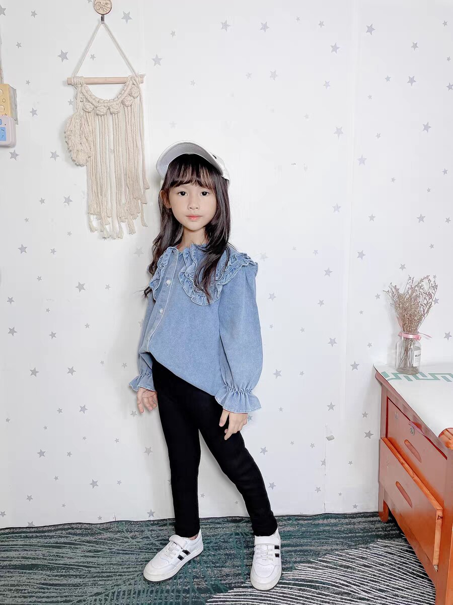 Top per ragazze adolescenti camicie di cotone Denim con collo arricciato per 6 8 10 12 anni camicetta per bambini blu primavera per bambini