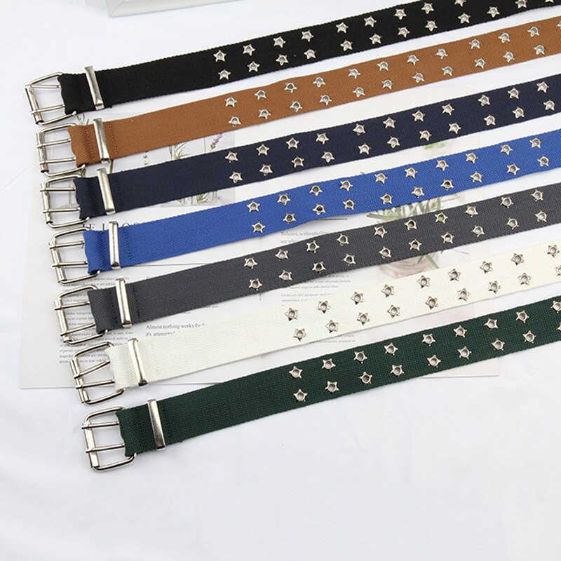 Double Grommet Belt Canvas Belt Double star Hole Belt for Women Punk Rock Jeans Belt