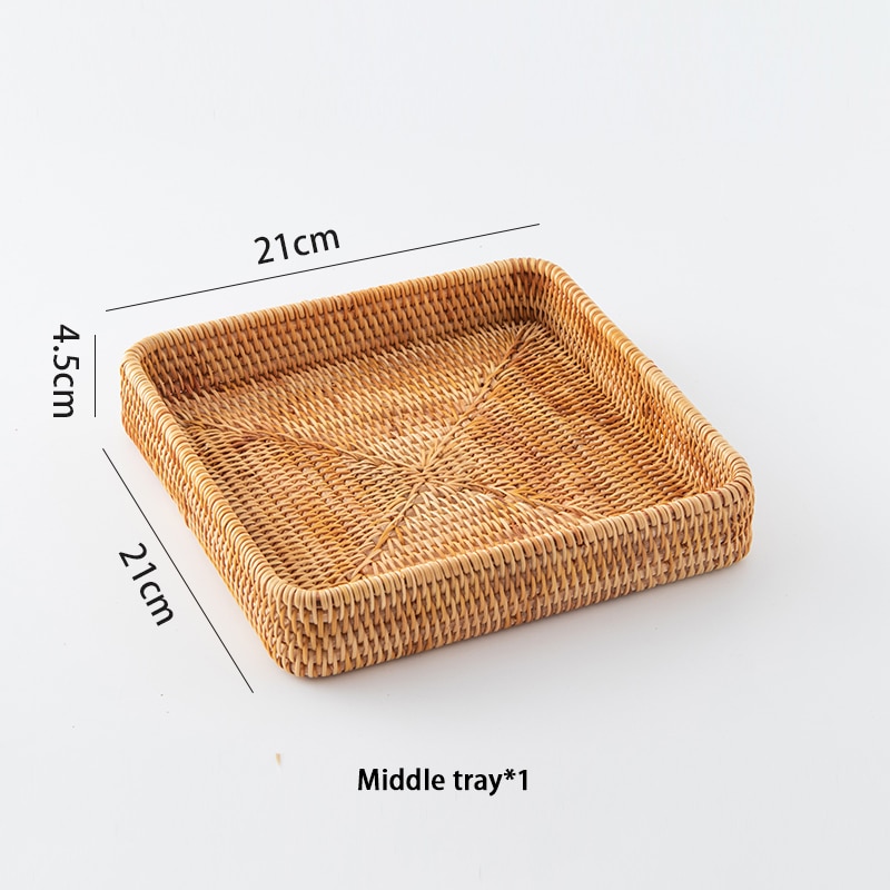 Handwoven Rattan Storage Tray Square Wicker Basket Bread Food Plate Fruit Cake Platter Dinner Serving Tray Kitchen Decoration: M