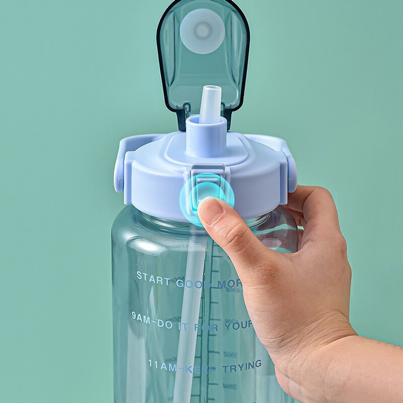 2L Grote Capaciteit Waterfles Met Tijd Marker Portable Bpa Gratis Stro Cup Lekvrij Drinken Fles Outdoor Sport Fitness Jug