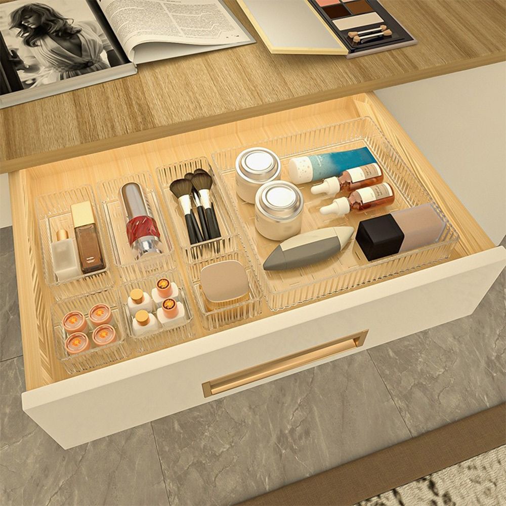Organisateurs de tiroirs de bureau simples S/M/L/XL, boîte de rangement rectangulaire transparente, conteneur de papeterie en plastique illimité pour le bureau et la maison