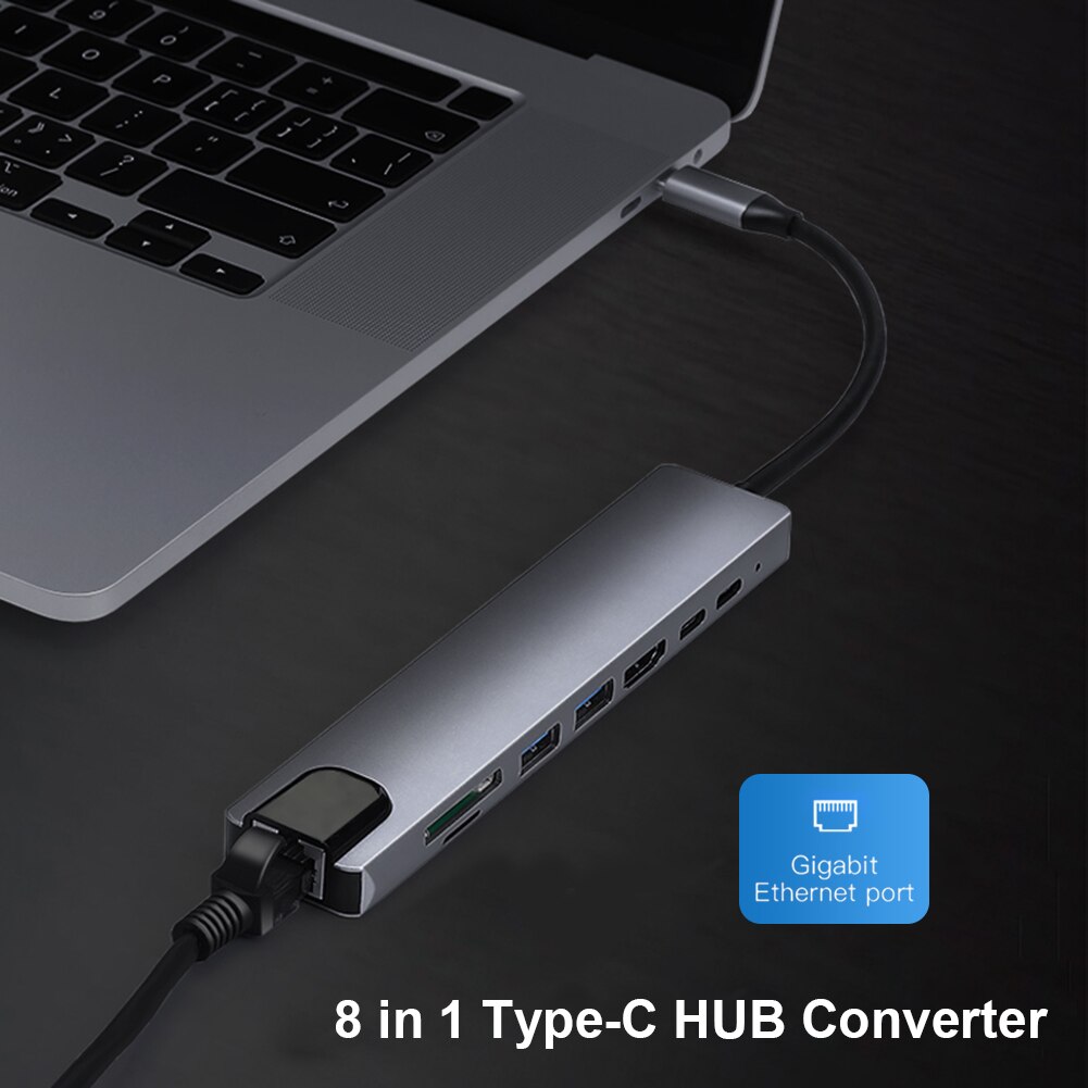 Laptop Docking Station Power Adapter 8 In 1 Usb 3.1 Type-C Hub Aluminiumlegering Hdmi-Compatibel Vga 2 USB3.0 Tf Pd Audio Adapter