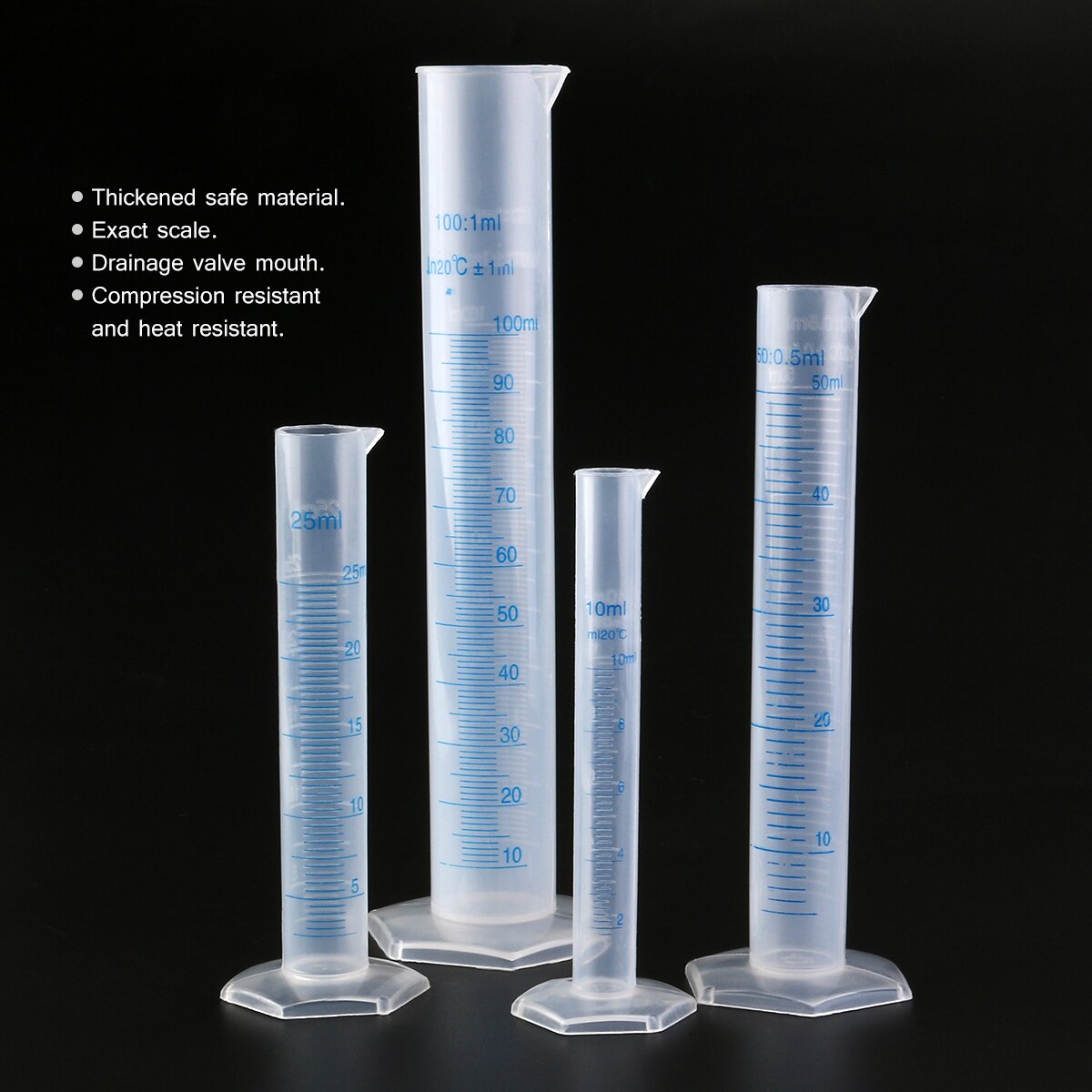 4pcs Transparent Measuring Plastic Graduated Cylinder Plastic Measuri Trial Test Liquid Tube Lab Tool 10ml / 25ml / 50ml / 100ml