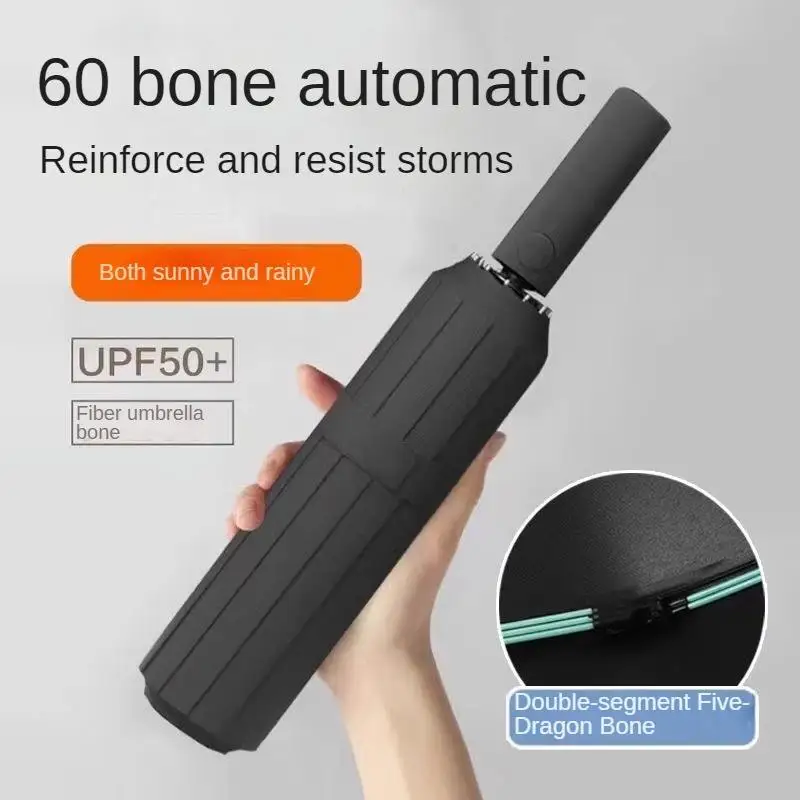 Guarda-chuva reforçado automático para homens, guarda-chuva de uso duplo, resistente a raios UV, proteção solar, chuva e sol, 60 ossos