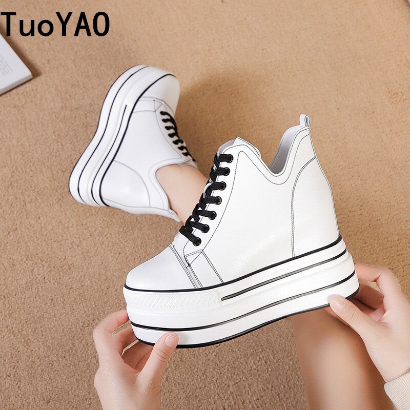 Herfst Hoge Platform Sneakers 9Cm Hoge Hakken Vrouwen Dikke Zool Enkellaarsjes Leather Wedge Winter Casual Schoenen Witte Laarzen maat 40