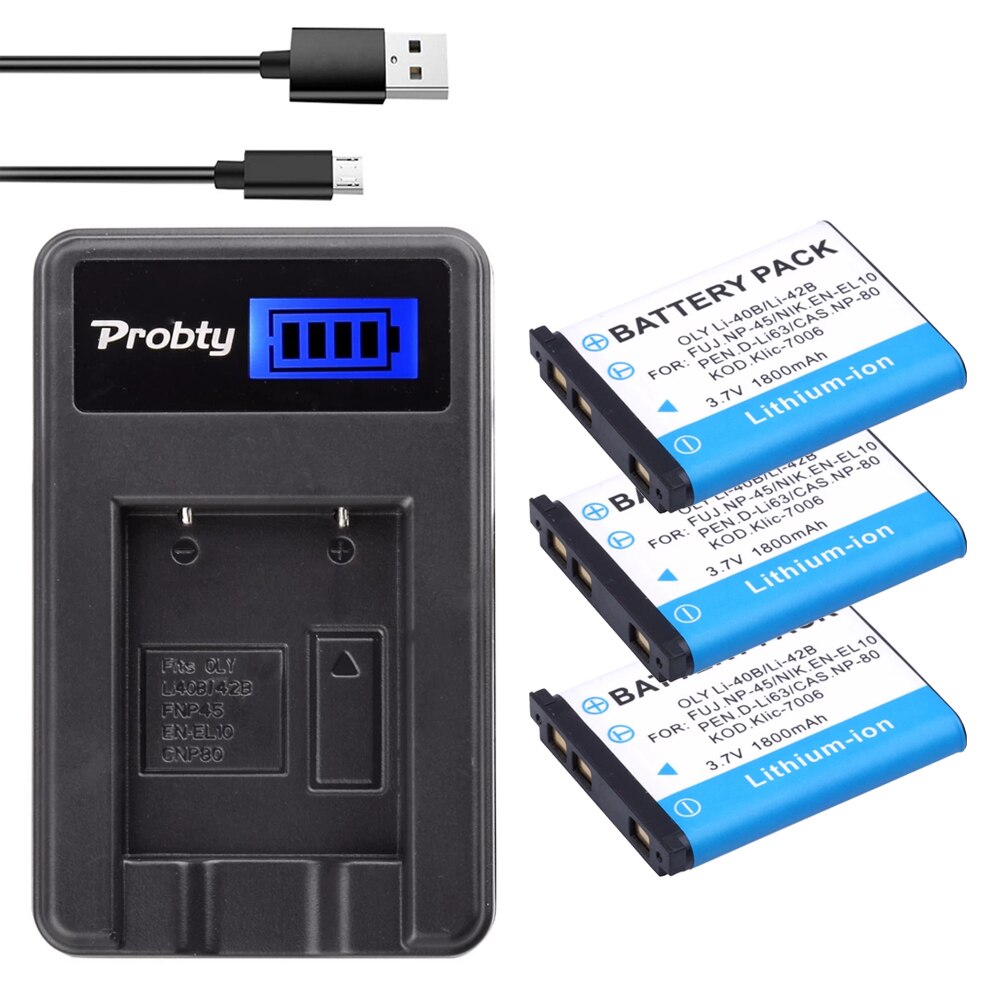 1800mAh Li-40B Li-42B EN-EL10 Batterie + LCD Ladegerät für Olympus Li 40B 42B, Nikon EN EL10, finePix XP70 XP60 XP50 T550: 3BatteryWithCharger