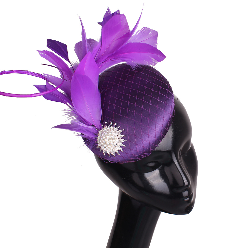 Nice Magenta Satin Hair Fascinator Hat Evening Party Formal Church Ladies Millinery Hat Bridal Wedding Headpieces With Feathers: PURPLE