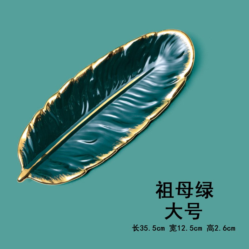 Nordic Light Luxury Gilt Edging Porcelain Dessert Plate Dark Green Feather Plate Japanese Banana Leaf Fruit Plate Dried Fruit: plum