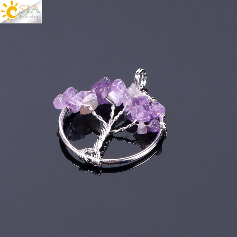 CSJA Tree of Life Necklace &amp; Pendant Silver Color Crystal Natural Gem Stone Chip Beads 7 Chakra Wire Wrapped Women Jewelry F141: Amethyst