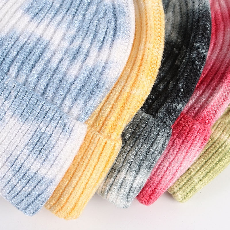 Men Hip Hop Tie Dye Knitted Hats Harajuku Streetwear Skullies Beanies Hats Autumn Winter Soft Cotton Warm Caps Japanese Style