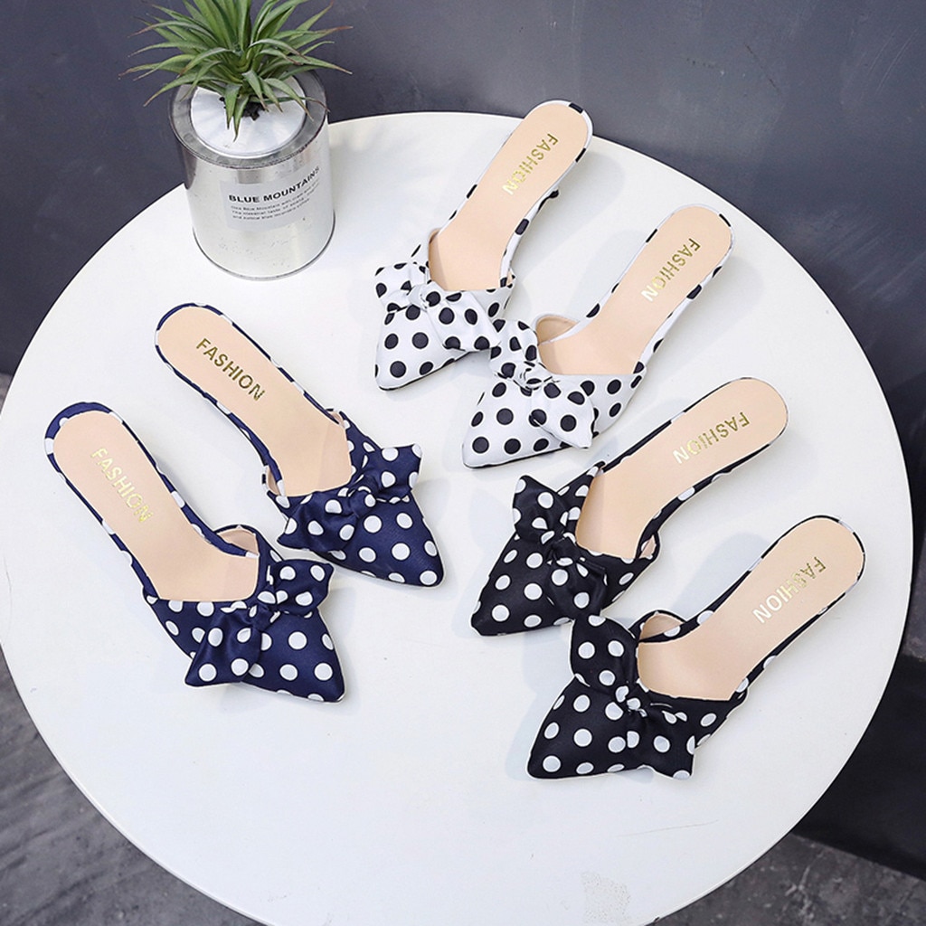 Sandalias de tacón fino de verano con estampado de lunares con nudo de mariposa, zapatos de punta estrecha para mujer