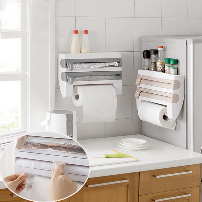 4 en 1, organizador de cocina soporte para papel de cocina Film transparente de titular de la botella de salsa de papel de aluminio de almacenamiento en Rack estante de cocina