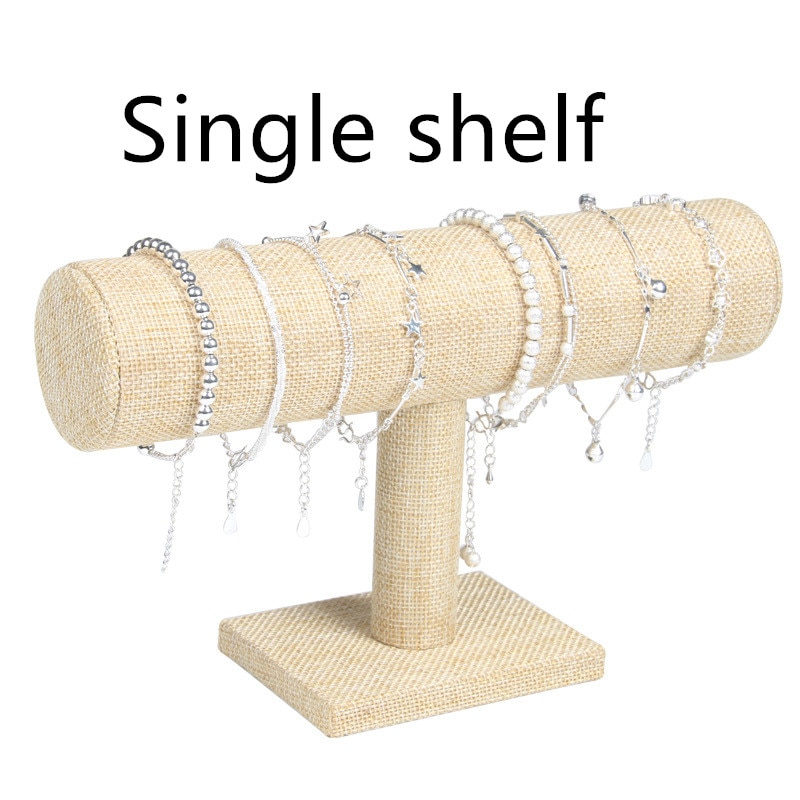 1pcs Vintage PU Leather / Velvet Bracelet Chain Watch T-Bar Rack Jewelry Organizer Hard Display Stand Holder: Single Layer-Beige