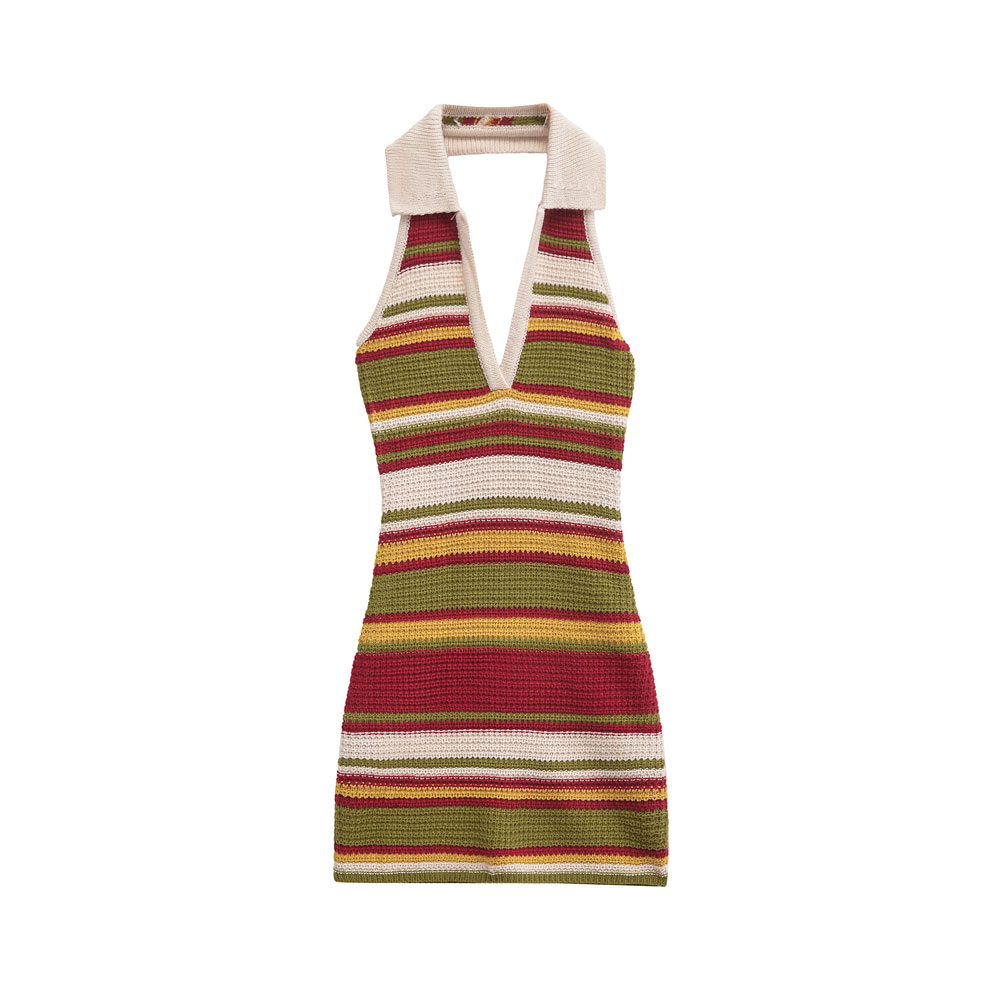 TRZA-Mini vestido de punto de ganchillo a rayas para mujer, sin espalda, cuello halter, vestidos femeninos, sexy: L
