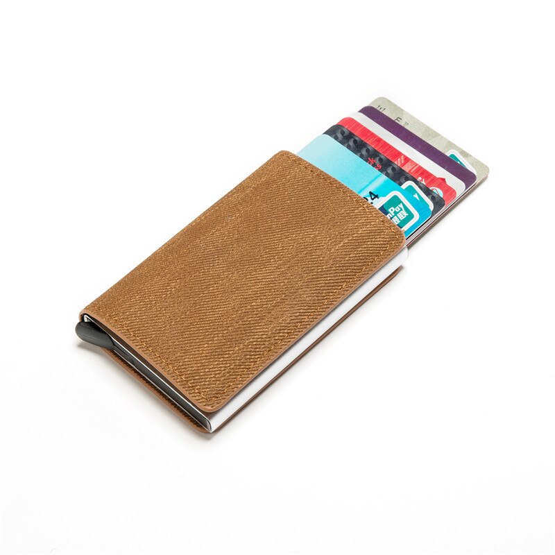 Classic Leather Men Wallet ID Credit Card Holder for Men Aluminium Card Holder Purse Male Rifd Men Bank Card Wallet: YM003 Brown