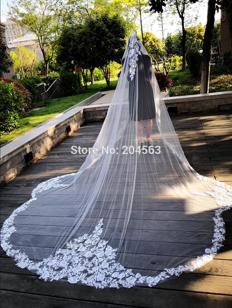 Velo de boda de una capa con borde de encaje, velo de novia con foto Real, único, catedral, MM
