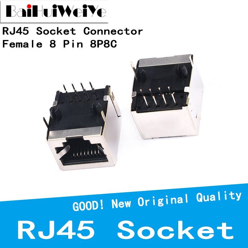 10Pcs/Lot RJ45 Socket 8 Pin Cable Interface Shielded Crystal Head Light Copper Shell Connector Female 8P8C Horizontal 90 Degrees