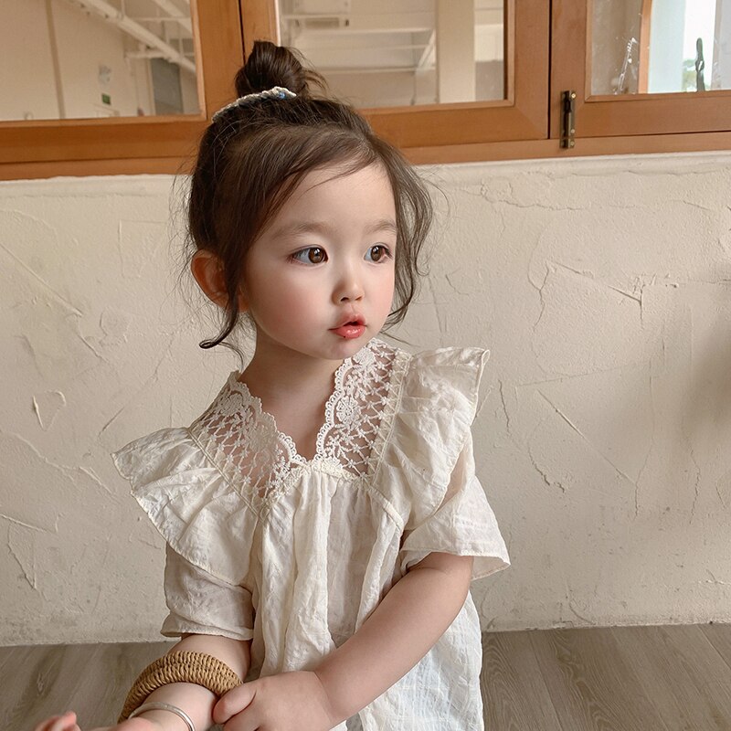 1777B Girl Clothes Sweet Shirt 2022 Summer Lace Patchwork V Neck Girl's Shirt Flying Sleeve Cute Lovely Girl Blouse Tops