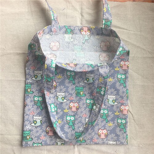 Katoenen linnen eco-markt boodschappentas schoudertas print uilen paarse bloemenbasis 2033f: 1 laag zonder voering