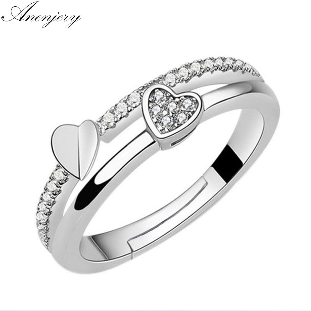Anenjery Luxe Zilver Kleur Wedding Ring Voor Vrouwen Dubbele Hart Zirkoon Opening Ring Valentijnsdag Aanwezig S-R133