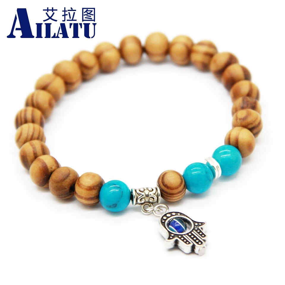 Ailatu 8mm Wood Beads Fatima Hand Hamsa Bracelets, OM Yoga Jewelry