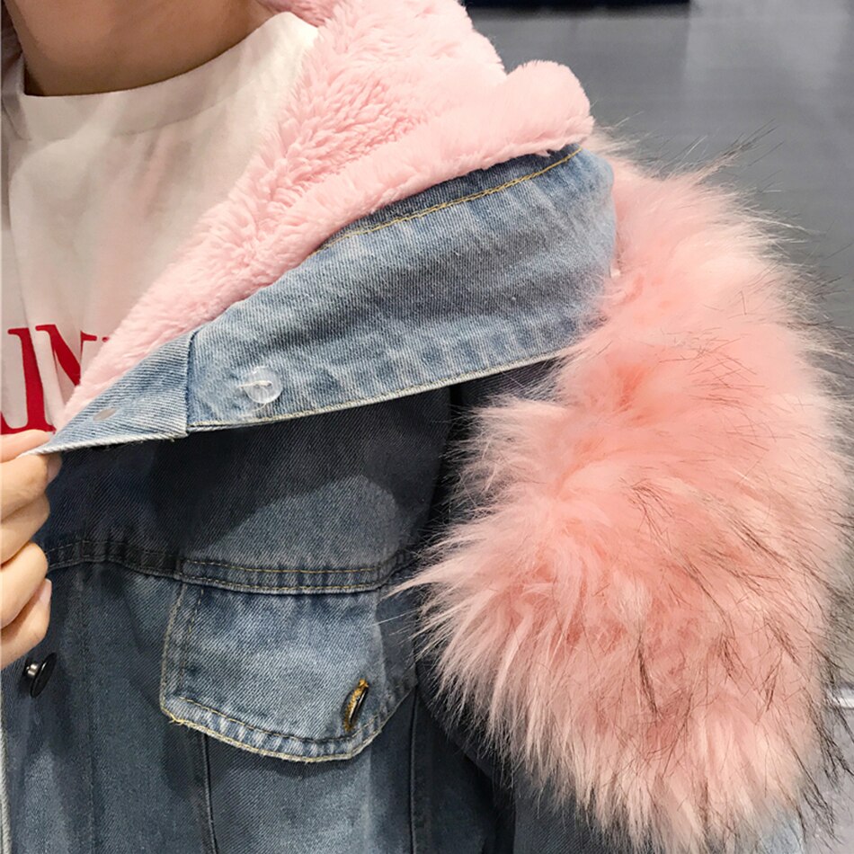À capuche Fourrure Vestes En Jean Femme Doublure Coton Hiver Plus Épais Denim Manteaux Dames décontracté Veste Femme grande taille vêtements coupe large Haut