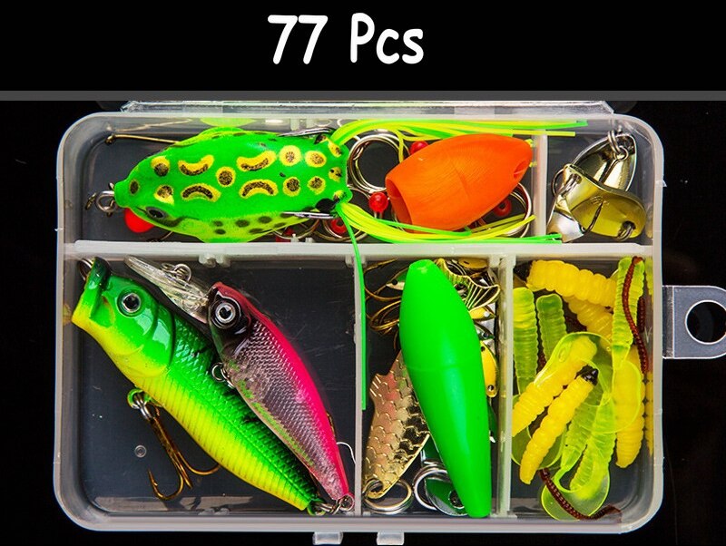 Multi fiskeri lokkesæt spinner crankbait minnow popper vib blød hård ske crank lokkemad fiskekroge tilbehør til redskabsboks: 77 stk-k