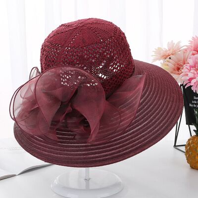 Kerk Hoeden Voor Vrouwen Breien Hollow Vintage Style Organza Zonnehoed Elegante bloemen Vrouwen Party Wedding Hoeden Haar Accessoire: Red wine