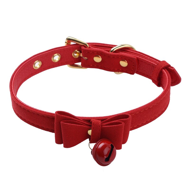 Women Girls PU Leather Adjustable Bow Tie Neck Choker Collar Necklace with Bell for Halloween Cat Costume Birthday: Red