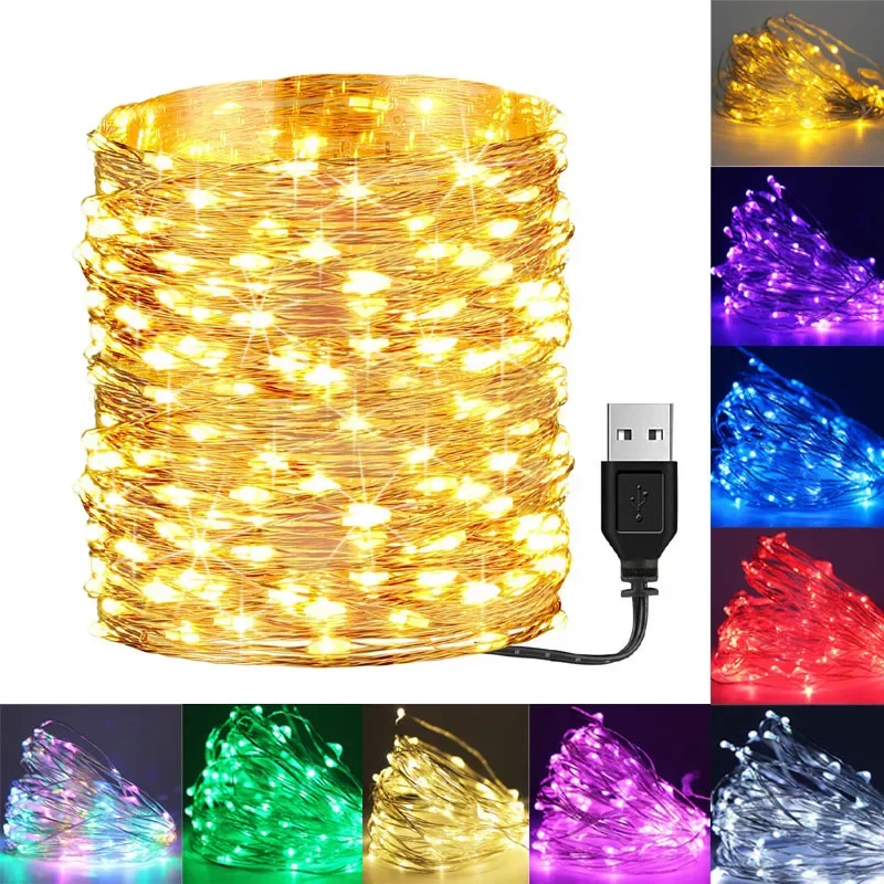 Wasserdichte USB-LED-Lichterkette, 5 m, 10 m, Kupfer, Silberdraht, Feengirlande, Lichtlampe für Weihnachten, Hochzeit, Party, Urlaubsbeleuchtung