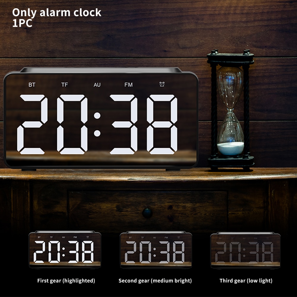 Home Office Wireless Charging Digital Alarm Clock Stereo LED Display Desktop Bedside Bluetooth Speaker FM Radio Music Playing