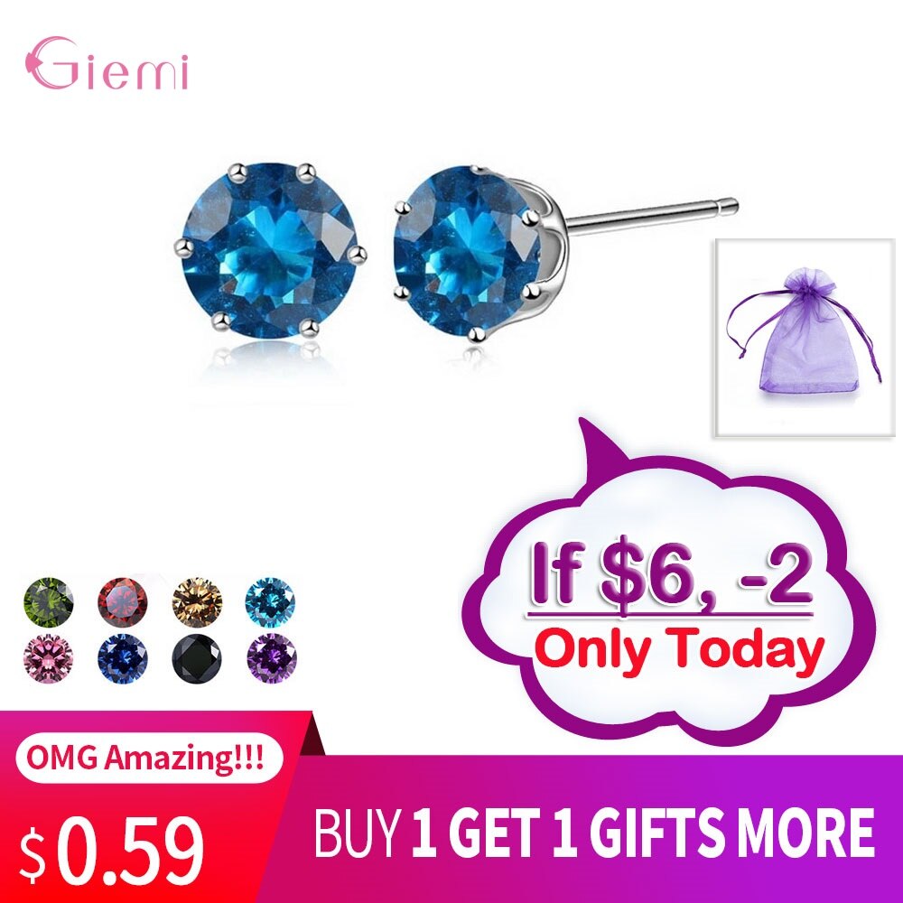 Cubic Zirconia CZ Stone 6MM Jewelry Stud Earrings 925 Sterling Silver Earrings Women 20 Colors: Color9