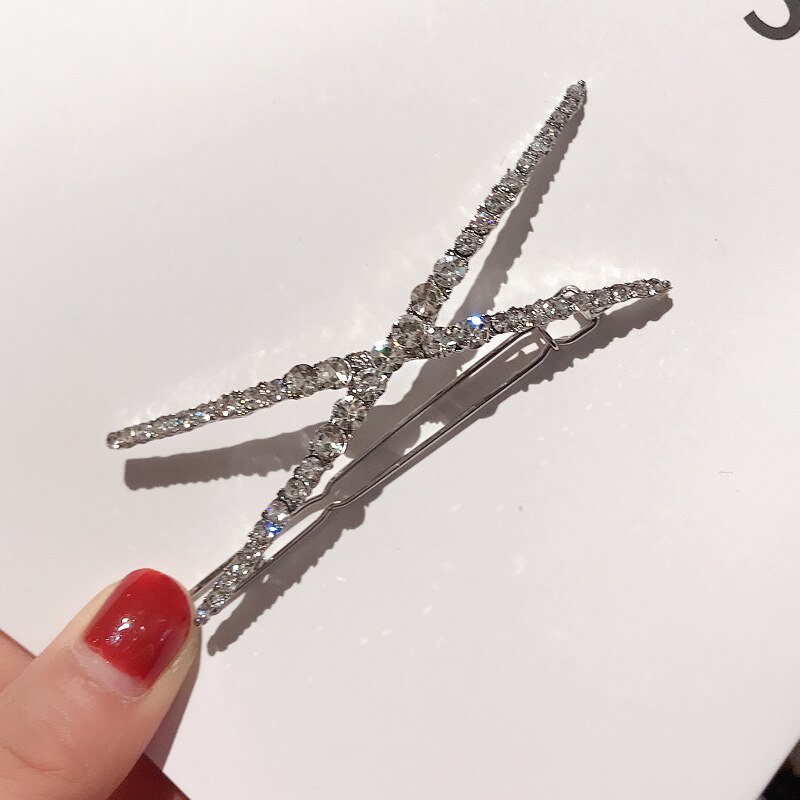 Horquillas con cristales geométricos para el pelo para niña y mujer, horquillas de Metal con diamantes de imitación, accesorios para el cabello, 1 unidad: X Silver
