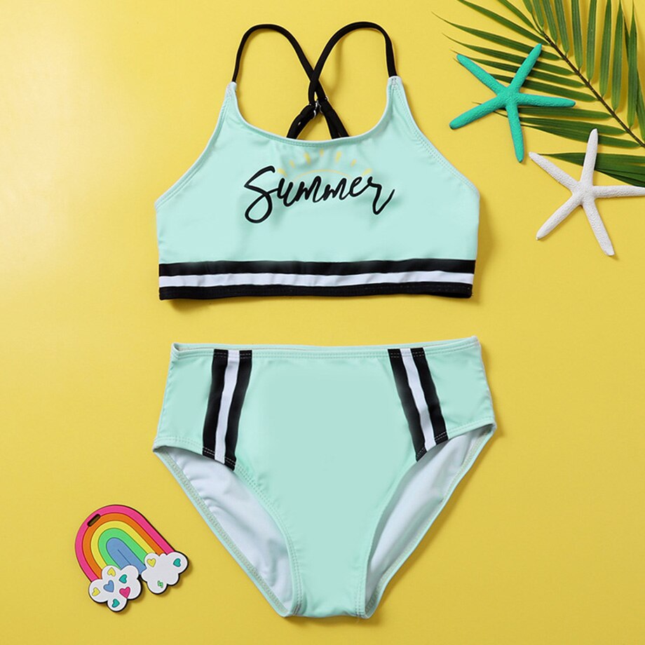 Brief Print Badpak Meisjes Kids Sport Tweedelige Kinderen Badmode 7-14 Jaar Tiener Meisje Bikini Set Meisjes badpak: 130