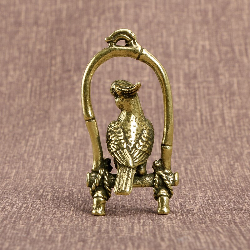 Antieke Koperen Ambachten Vogelkooi Papegaai Beeldjes Miniaturen Desktop Ornamenten Messing Dier Vogel Sleutelhanger Hanger Sieraden Decors