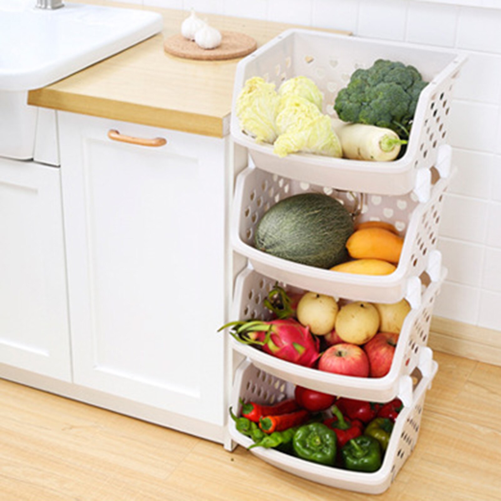 Cesta de almacenamiento de plástico para cocina, organizador apilable de hueco multifuncional para verduras y frutas