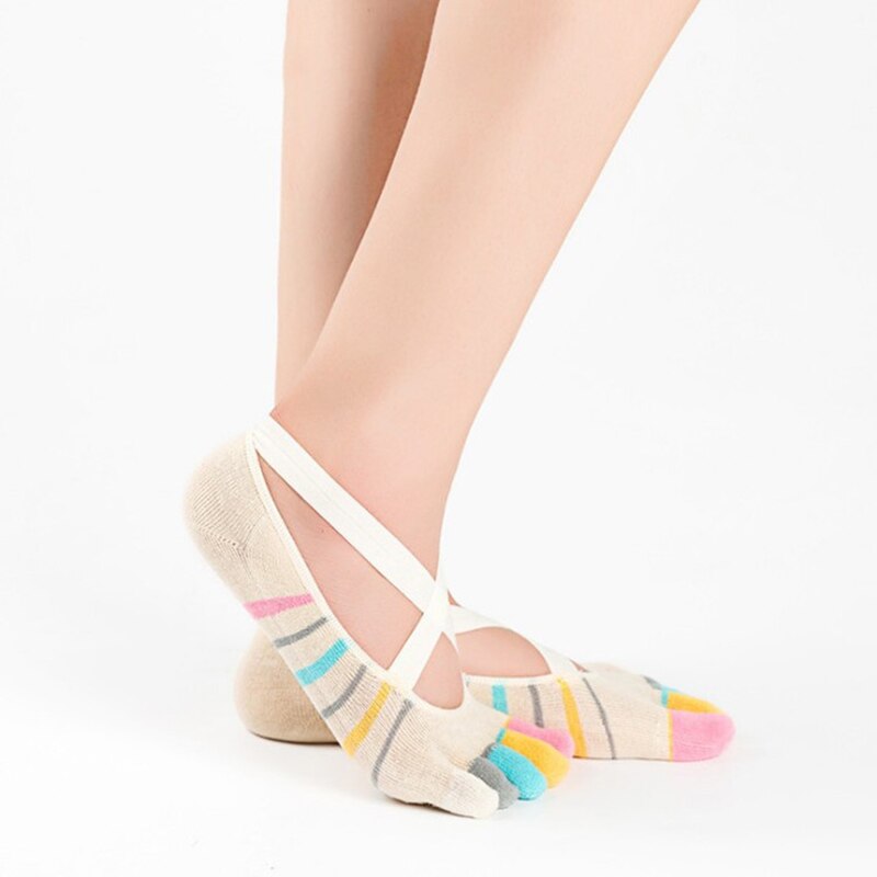3 Pairs Five Toe Yoga Socks for Women Non-Slip Grips and Cross Straps Sock Anti-Skid Pilates Barre Fitness Sports Socks Slipper: beige
