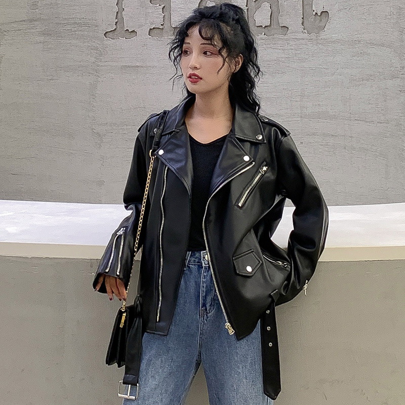 Fitaylor-chaqueta de cuero de imitación para mujer, chaqueta negra con solapa para motocicleta, abrigo Punk Vintage con cremallera, prendas de vestir con cinturón