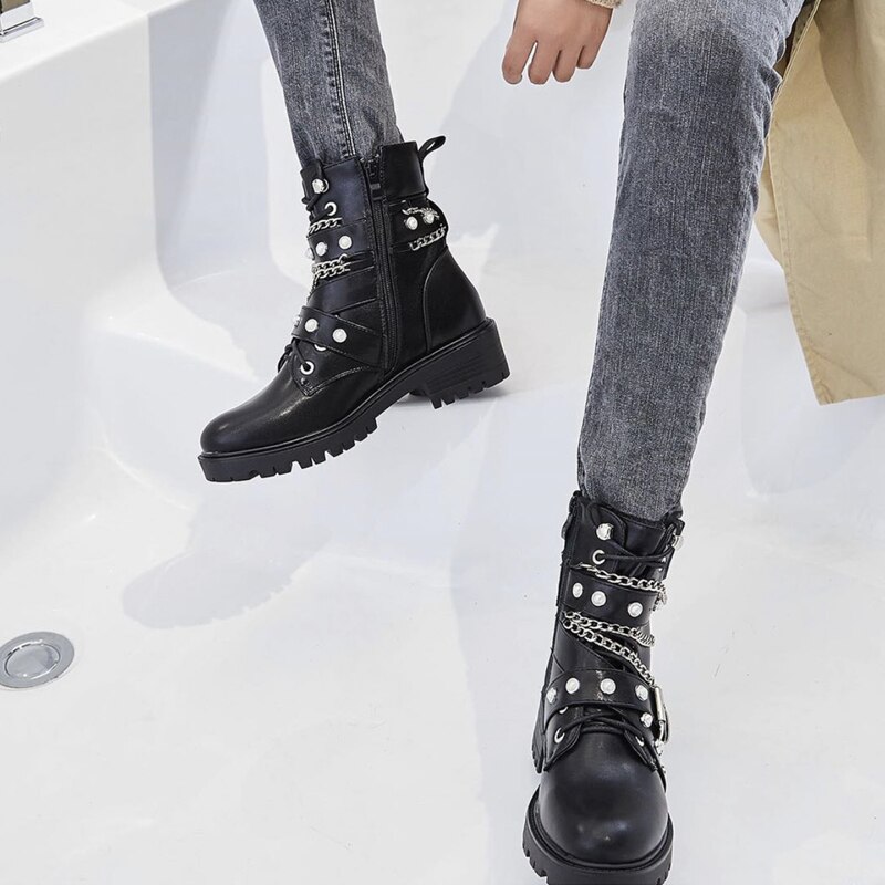 [fvfv] Winter Fall Punk Boots Women Shoes High Top Zipper Thick Heels Black Thin Streetwear Motorcycle Biker Boots