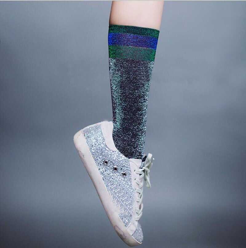 1 Para glänzend Lange Socken Herbst und Frühling neue funkeln silber Bördeln farbe streifen wild in Rohr Socken: 2